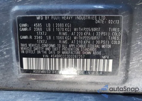 2013 Subaru Outback 2.5I Premium z USA, uszkodzony, nr VIN 4S4BRCCC3D3287257